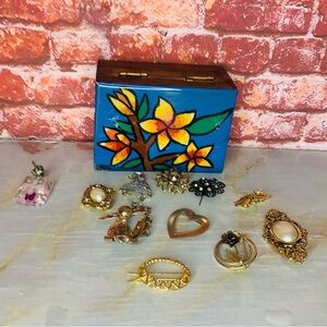 Vintage Wooden Artisian jewelry Box and Brooch Lot